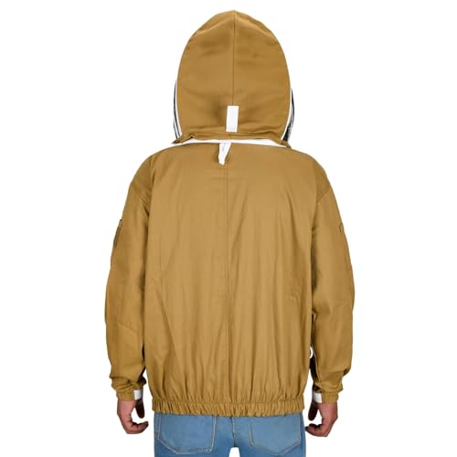Beekeeping Jacket with Fencing Veil - Breathable Cotton Beekeeper Suit with YKK Zippers & Protective Hood (BP-101-Brown)-M - color: Khaki, size: Medium