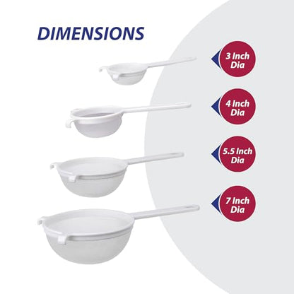 HIC Kitchen Double-Ear Fine Mesh Strainers, BPA Free, Set of 4 Sizes Includes 3, 4, 5.5, and 7-Inch Diameter - color: Double-Ear Fine Mesh White, size: Set of 4 (3-Inch, 4-Inch, 5.5-Inch, 7-Inch)
