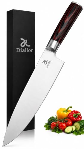 Diallor Chef Knife, 8-Inch Stainless Steel Blade, Ergonomic Wooden Handle, Precision Cutting and Slicing, 13 Inch Overall Length.