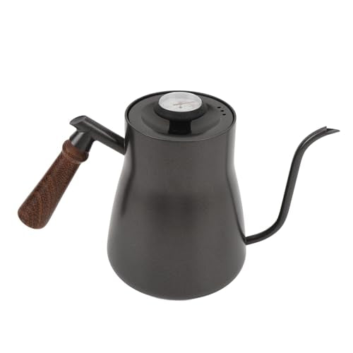 Coffee Kettle, 850ml Stainless Steel Gooseneck Teapot, Wooden Handle Kettle with Thermometer & Long Spout, Ideal for Home, Travel & Office Brewing