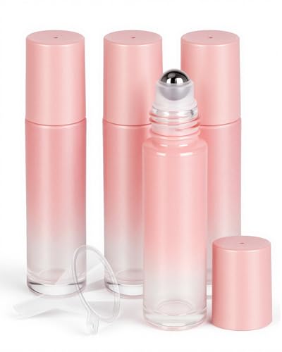 Worldgsb 4 Pack Essential Oil Roller Bottles, 10ml Refillable Glass Roller Bottles with Stainless Steel Roller Balls and Caps for Travel, Perfume and Lip Gloss Pink Gradient - color: Pink-Gradient, style: 4 Pack