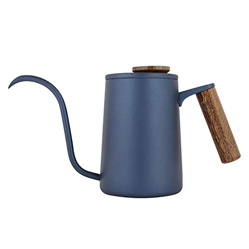 Fdit Gooseneck Coffee Kettle, Precision Pour Stovetop Drip Pot for Pour Over Tea 304 Stainless Steel Blue Wooden Handle Thermometer Lid Vent 600ml 1 Pack