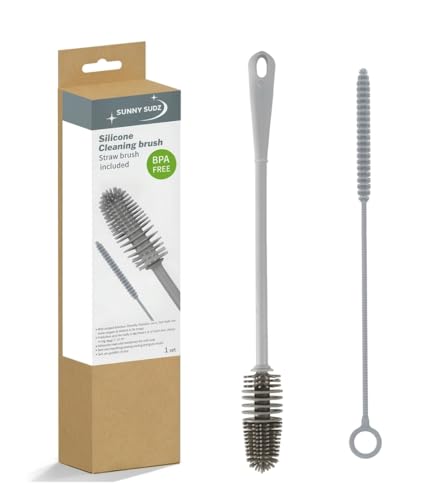 Silicone Bottle Brush & Silicone Straw Cleaner Set – 12.5” Long Handle, Flexible, Odor-Resistant, Dishwasher Safe – for Water Bottles, Baby Bottles, Tumblers & Straws (Grey)