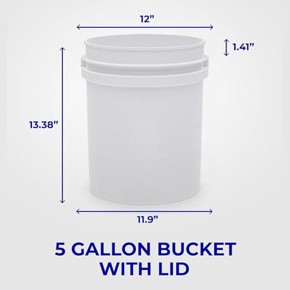 5-Gallon White Bucket Pail Container with Lid | Food Grade | Heavy-Duty 90MIL Extra Durable | Metal Handles with Plastic Grip for Easy Carrying | Multi-Use | Easy Stack and Store | BPA Free - 3 Pack