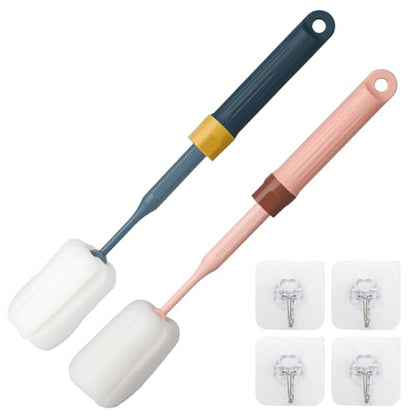 2-Pack Adjustable 12.9" Sponge Bottle Brushes Cleaning Set | High Density Foam Bottle Brush Head Hanging Design with 4 Traceless Hooks Bottle Brush Cleaner for Water Bottle