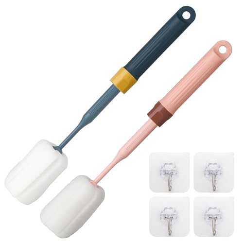 2-Pack Adjustable 12.9" Sponge Bottle Brushes Cleaning Set | High Density Foam Bottle Brush Head Hanging Design with 4 Traceless Hooks Bottle Brush Cleaner for Water Bottle