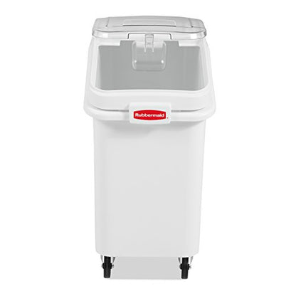 Rubbermaid Commercial Products ProSave Shelf-Storage Ingredient Bin With Scoop 500-Cup capacity Plastic White Sliding Lid Container with Wheels for Kitchen/Restaurant Food Organization - size: 500 Cup