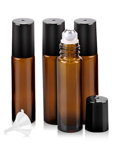 Worldgsb 4 Pack Essential Oil Roller Bottles, 10ml Refillable Amber Glass Roller Bottles with Stainless Steel Roller Balls and Caps for Travel, Perfume and Lip Gloss - color: Amber, style: 4 Pack