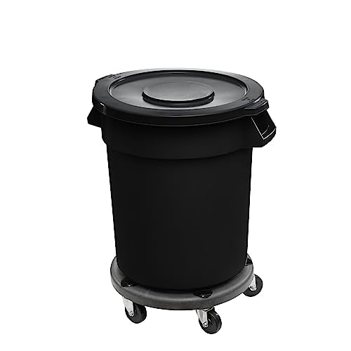 32 Gallon Black Round Commercial Trash Can with Lid and Dolly, Ingredient Bin, Round Food Storage Container for Kitchen/Food Prep/Storing - color: Black, size: 32 Gallon with Lid and Dolly