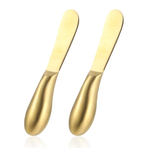 Dimeho 2 Pcs Butter Knife Little Cheese Spreader Knives Stainless Steel Spreader Knife Set Cocktail Knives for Condiments Cheese Charcuterie Board Jam Pastry making and Other Kitchen Daily - color: gold