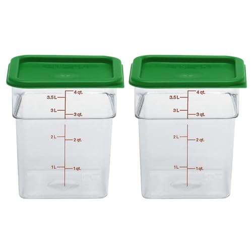 Cambro Food Storage Container with Lid (2 Pack) - Classic Series Square with Green Lid - 4 QT (Quart) - Commercial Grade for Food Prep (Clear) - size: 4 QT + Lid