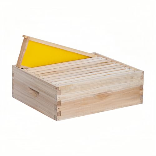 POLLIBEE 10 Frame Super Bee Hive Box, Langstoth Honey Super Bee Box for Beekeeper,Include Beehive Frames and Wax Foundations (unassembled)