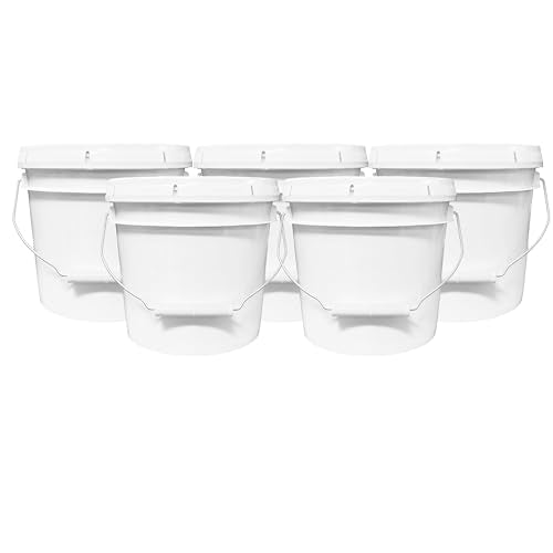 MKS Plastics 1-Gallon Bucket with Airtight Lid – Made in USA, Food Grade BPA Free Plastic, Heavy Duty Multi-Use, Metal Handle with Grip, Stackable Storage – White, 5 Pack - color: 1 Gallon - White, size: 5
