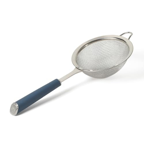 Calphalon Edge Stainless Steel Strainer, Fine Mesh Kitchen Colander Strainer with Thermoplastic Rubber Handle, Sifter for Rinsing, Draining & Straining Food, Navy - color: Navy Blue w/ Rubber Handle (Edge - Strainer)