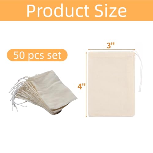 50 Pack Natural Reusable Cotton Muslin Bags with Drawstring,Unbleached Reusable Tea Bags,Spice Bags for Cooking Soup/Herb/Loose Leaf Tea,Cotton Small Cheese Cloth Bag for Straining,Sachet Bags (3x4") - size: 3x4"