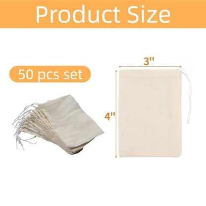 50 Pack Natural Reusable Cotton Muslin Bags with Drawstring,Unbleached Reusable Tea Bags,Spice Bags for Cooking Soup/Herb/Loose Leaf Tea,Cotton Small Cheese Cloth Bag for Straining,Sachet Bags (3x4") - size: 3x4"
