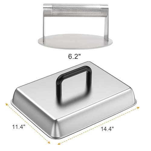 6.2" Burger Press & 14" Melting Dome Set for Blackstone Griddle Accessories | Food-grade stainless steel. Melts cheese fast, presses patties evenly. Easy to clean. Fits most flat top grills. - size: 6.2'' Burger Press+14'' Rectangular Dome-2PCS