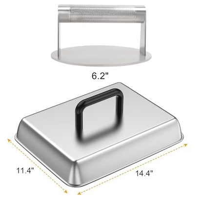 6.2" Burger Press & 14" Melting Dome Set for Blackstone Griddle Accessories | Food-grade stainless steel. Melts cheese fast, presses patties evenly. Easy to clean. Fits most flat top grills. - size: 6.2'' Burger Press+14'' Rectangular Dome-2PCS