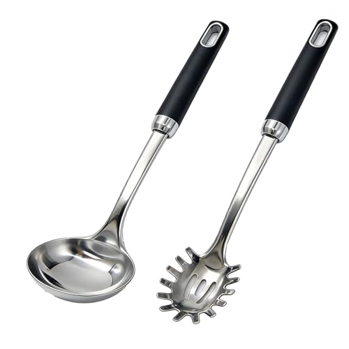 Stainless Steel Soup Ladle and Spaghetti Spoon Set, 2Pcs Heat Resistant & Non Slip Rubber Handle Set, Dishwasher Safe, Kitchen Cooking Utensils Set for Soup and Sauce