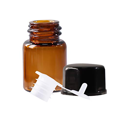 100 Pack 2ml (5/8 Dram) Amber Mini Glass Essential Oils Sample Bottles with Black Caps for Essential Oils, Perfumes & Lab Chemicals (30ml Measuring Cup and 5 Droppers Included)