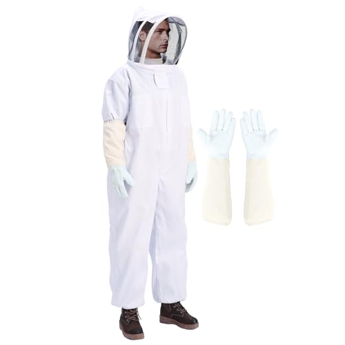 Beekeeping Suit for Men & Women – Full Body Sting Resistant Bee Suit with Detachable Veil, Breathable Cotton Blend & Goatskin Gloves for Beekeeping and Honey Harvesting (M for 4'11"-5'3") - size: M for 4'11"-5'3"