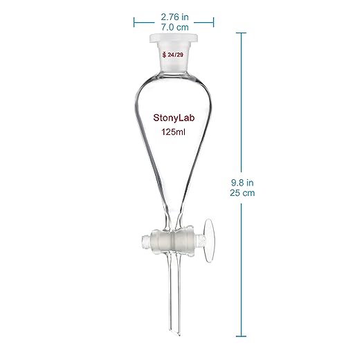 stonylab Separatory Funnel with Glass Stopcock Valve, Borosilicate Glass 24/29 Joint Funnel for Laboratory Accurate Liquid Separation, 125 ml