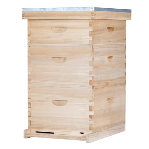 Bee Hive Boxes 10 Frame Langstroth Beehive,Complete Beehive Kit Includes 2 Deep Brood Bee Hives Box, 1 Medium Super Bee Box with Beehive Frames and Foundation - size: 3-Layre