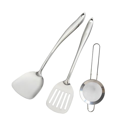Stainless Steel Spatula Set with Sieve, 3-Piece Kitchen Utensil Set, Solid & Slotted Turner, Fish, Eggs, BBQ, Metal Spatulas