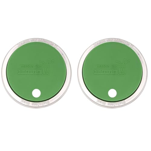 2 Pack, Leaf Green, Wide Mouth Silicone Straw Hole Tumbler and Fermentation Lids with Stainless Steel Bands by Mason Jar Lifestyle - color: Leaf Green, size: Wide Mouth