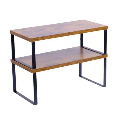 Sben Cabinet Organizer Shelf, Set of 2 Kitchen Counter Shelves, Kitchen Storage, Spice Rack, Stackable, Expandable, Metal and Engineered Wood, Ink Black and Rustic Brown - color: Rustic Brown, size: 15.6"W