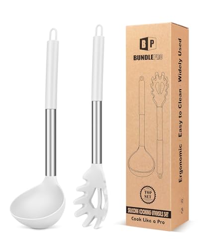 Silicone Pasta Fork and Ladle Spoon Set, Large Non Stick Kitchen Utensils for Cooking,Stirring,Serving Spaghetti, Soup, Sauce (WHITE) - color: White