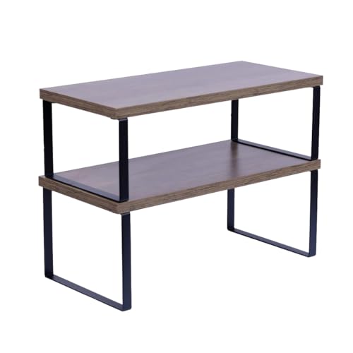 Sben Cabinet Organizer Shelf, Set of 2 Kitchen Counter Shelves, Kitchen Storage, Spice Rack, Stackable, Expandable, Metal and Engineered Wood, Ink Black and Brown Surface - color: Brown, size: 15.6"W