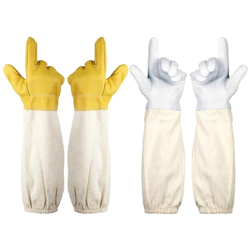 White and Yellow, 2 Pairs, Goatskin Beekeeping Gloves, Protective Leather with Thickened Handbacks, Sturdy Flexible for Bee Suit Protection, Supplies