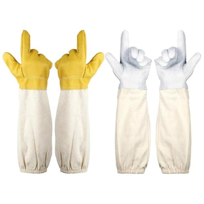 White and Yellow, 2 Pairs, Goatskin Beekeeping Gloves, Protective Leather with Thickened Handbacks, Sturdy Flexible for Bee Suit Protection, Supplies