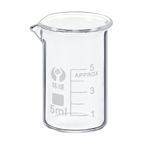 PATIKIL 5ml Low Form Glass Beaker, 3.3 Borosilicate Glass Graduated Printed Scale Measuring Cups with Spout for Kitchen Lab Liquids Transit Boiling - size: 5ml