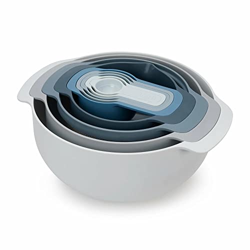 Joseph Joseph Nest 9 Piece Compact Food Preparation Set with Mixing Bowls, Measuring cups, Sieve and Colander, Space Saving, Blue - color: Blue, style: Plastic