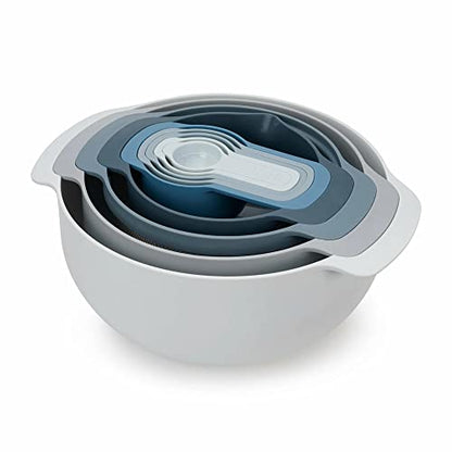 Joseph Joseph Nest 9 Piece Compact Food Preparation Set with Mixing Bowls, Measuring cups, Sieve and Colander, Space Saving, Blue - color: Blue, style: Plastic