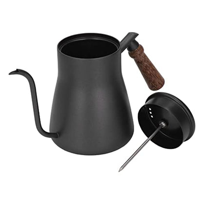 850ml Gooseneck Coffee Kettle with Thermometer, Stainless Steel Pour Over Pot with Wood Handle, Non Slip Bottom, and for Coffee Brewing