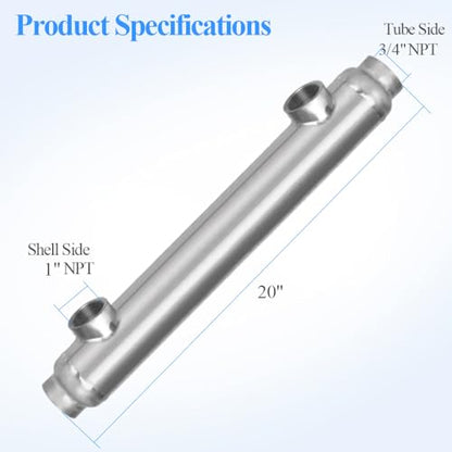 AB Hot Tub/Solar/Pool Heat Exchanger 85 kBtu: 316L Stainless Steel Shell and Tube Heat Exchanger, Opposite Side 1" & 3/4" FPT - size: 85K