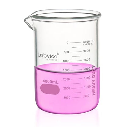 Heavy Duty Glass Beakers Vol.4000ml (135.3oz) thick-walled, 3.3 Boro Griffin Low Form with Double Scale Printed Graduation for Laboratories, Industries, Schools and Home use, LVAC016 - style: Vol.4000ml