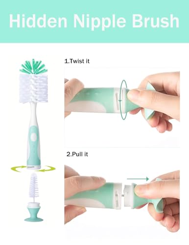 Baby Bottle Brush Set 4 in 1, Baby Bottle Cleaner, with 1P Nylon Bottle Brush, 1P Bottle Cap Brushes, 2P Straw Brushes, Bottle Brush with Nipple Cleaner and Suction Cup, BPA-Free(Green) - color: Green-nylon Brush