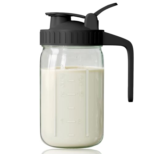 Breast Milk Pitcher, Mason Jar 32 oz, Wide Mouth Jar with Green Flip Cap Lid and Pour Spout, Heavy Duty Airtight Seal for Freshness and Convenience, Great for Cold Beverages and Home Entertaining - color: Black, size: 32 Ounces