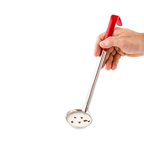 Restaurantware Met Lux 2 Ounce Soup Ladle 1 Hook Handle Serving Spoon - With Red Handle Dishwashable Stainless Steel Cooking Ladle For Pouring And Cooking Perfect for Soup Chilli Or Batter - size: 2 oz
