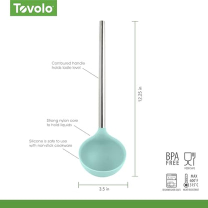 Tovolo Silicone Ladle With Stainless Steel Handle Deep Soup Ladle for Cooking Canning Serving Soup Punch Stew Sauce, Large Kitchen Utensil Spoon Dishwasher Safe BPA Free Silicone Aqua Seafoam Green - color: Light Aqua