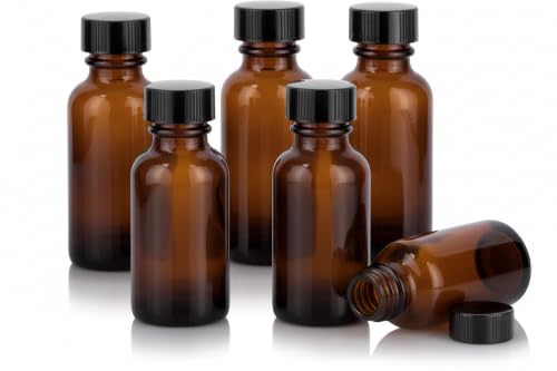 1 oz / 30 ml Amber Glass Boston Round Bottle with Airtight Phenolic Cap (6 Pack) + Funnel