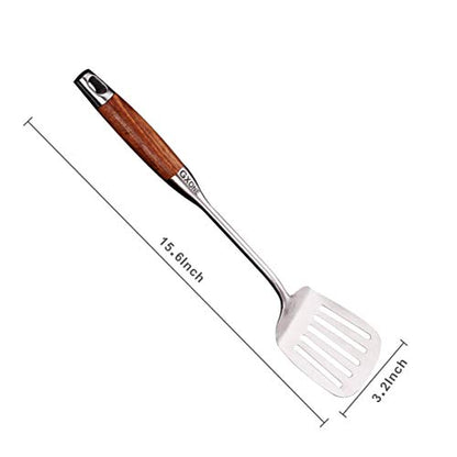 Metal Spatula,304 Stainless Steel Wok Spatula with Heat Resistant Wooden Handle,Silver/15.7Inch - style: Slotted Spatula-wood handle