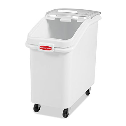 Rubbermaid Commercial Products ProSave Shelf-Storage Ingredient Bin With Scoop 500-Cup capacity Plastic White Sliding Lid Container with Wheels for Kitchen/Restaurant Food Organization - size: 500 Cup