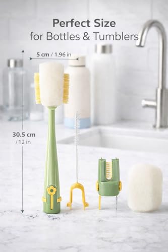 Bottle Cleaning Brush Set, 5-in-1 Multifunctional Bottle Brush with Straw Cleaner, Sponge Bottle Brush for Water Bottles, Tumblers, Cups, Lids and Narrow Neck Containers (Green) - color: Green