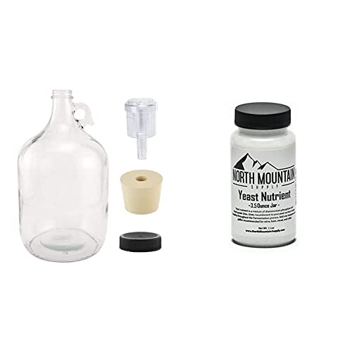 North Mountain Supply 1 Gallon Glass Fermenting Jug with Handle,6.5 Rubber Stopper,2-Piece Airlock,Black Plastic Lid - Set of 1 & Food Grade Yeast Nutrient - 3.5 Ounce Jar