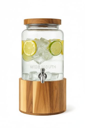 1 Gallon Glass Water & Lemonade Dispenser with Wooden Lid & Stand – Mason Jar Beverage Dispenser with Stainless Steel Spigot, Measurement Marks – Drink Server for Parties, Events, Home Use